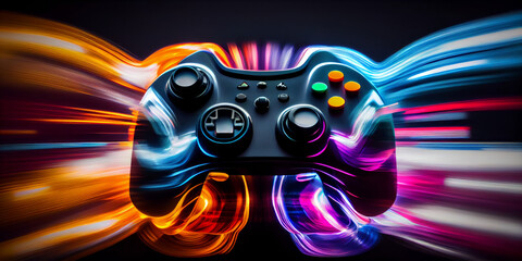 Wall Mural - Video game controller with bright neon light streaks. Computer gamer background. Generative ai