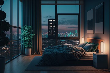 Poster - Panoramic Windows in the apartment with a bed overlooking the night city.Generative AI