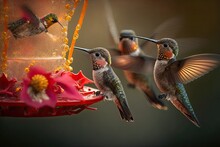 Snacks For Buzzing Birds At A Feeder Specifically Designed For Them. Hummingbirds At A Bird Feeder. Generative AI