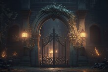The Gates Of A Medieval Castle At Night, An External Entrance With An Arched Door And Burning Torches.Generative AI