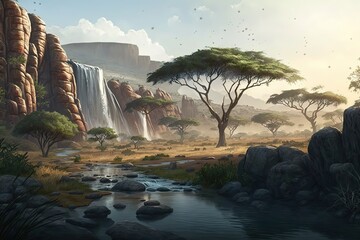 Wall Mural - A fantastic waterfall landscape in a summer forest, with a river stream.Generative AI