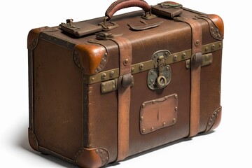 Sticker - a brown leather vintage suitcase from the 1930s, isolated on white. Sign and idea of going somewhere else. Intriguing times of adventure. Generative AI