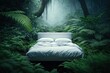 Escape to nature with a cozy bed nestled among the trees, surrounded by the peaceful beauty of the forest. Generative AI