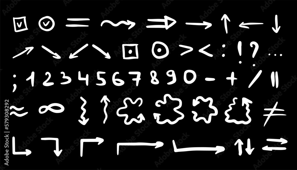 Point Highlight Symbol Sketch underline, numbers, symbols, arrow shape set. Hand drawn check ...