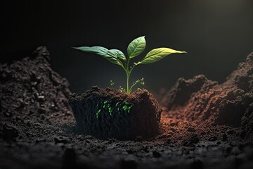 Wall Mural - A new green seedling emerges from the soil of a flower container in the indoor garden. Seedlings sprout on the ground. Slim tree. The idea of a fresh start in life. Organic wall coverings. Concern for