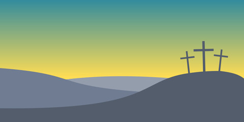 Three crosses on Golgotha Mountain.  Easter concept vector  illustration with crosses on Calvary Hill at sunset.