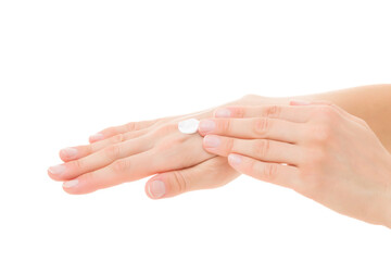 Wall Mural - Young adult woman hands using cream isolated on white background. Care about clean and soft body skin. Closeup.