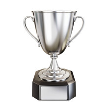 Silver Trophy Cup Or Champions Cup With Empty Plate For Your Text. Honorable Second Place In The Competition. 3D Render. PNG With Transparent Background And Alpha Channel To Cut Out