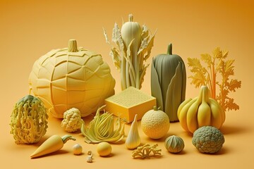 Wall Mural - Contextual Organic Vegetables. Vegetables photographed on a yellow background. White room for copying. First rate perspective. Superbly Detailed Merchandise. Generative AI