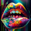 Big colorful surreal lips with rainbow dripping paints. AI generative.