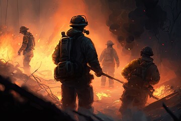 Rescue workers putting out a dangerous blaze or calamity. Generative AI