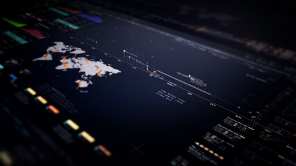 Fototapete - Business stock market, trading, info graphic with animated graphs, charts and data numbers insight analysis to be shown on monitor display screen for business meeting mock up theme