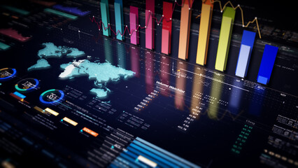 Fototapete - Business stock market, trading, info graphic with animated graphs, charts and data numbers insight analysis to be shown on monitor display screen for business meeting mock up theme