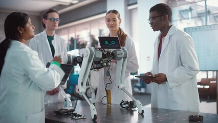 Poster - Diverse Team of Industrial Robotics Specialists Gathered Around a Table With a Mobile Robot. Engineers In Lab Coats Discussing an Automated AI Robotic Dog, Using Laptop and Tablet, Brainstorming
