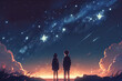 Starry Night Beach: Romantic Anime Couple Enjoying the Moon and Stars. Generative AI