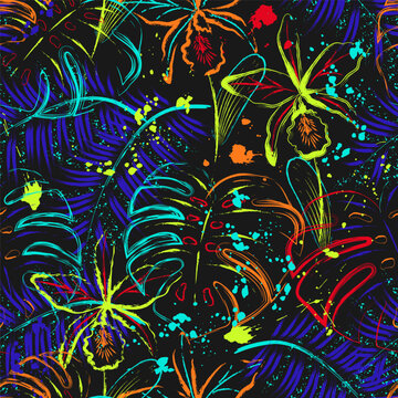 Seamless fantasy pattern with tropical foliage, monstera, palm leaves, orchid, paint. Virtual surreal nature. Paint brush strokes, spattered paint of neon bright colors. Grunge style
