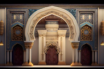 Wall Mural - Islamic architecture Gate, arches, columns. Mosque interior. Abstract oriental interior. Ramadan Kareem background. Generative ai