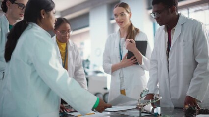 Aufkleber - Diverse Team of Industrial Robotics Specialists Gathered Around a Table to Discuss a Blueprint. Engineers In Lab Coats Using Laptop Computer and Tablet, Brainstorming Ideas For Electronic Components