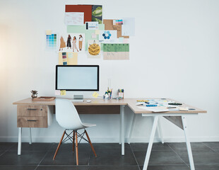 Aufkleber - Office desk, screen mock up and creativity design fashion project management, advertising agency or marketing startup background. Computer desktop monitor mockup for productivity or software planner