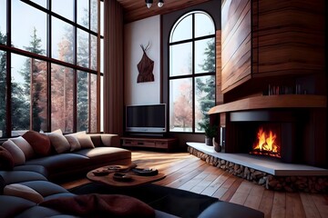 Corner living room design with wooden interior design and fireplace decor. Generative A