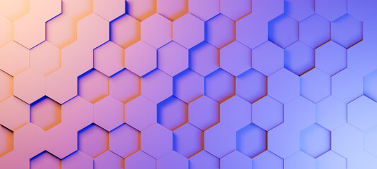 Hexagonal background with orange blue purple hexagons, abstract futuristic geometric backdrop or wallpaper with copy space for text