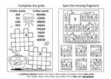 Fototapeta Miasta - Activity page with two puzzles. Fill-in crossword puzzle. Spot the missing fragment. St. Patrick's Day holiday motives. Black and white. Answers included.
