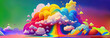 Fantasy toon land. Land of rainbows fluffy clouds and happy colors and shapes. generative AI.