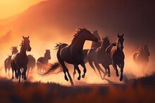 Horses Sunset In The Desert