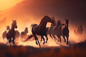 Wall Mural - Horses sunset in the desert