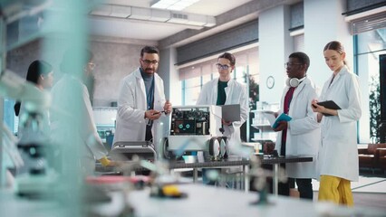Fototapete - Diverse Team of Industrial Robotics Specialists Gathered Around a Table With a Mobile Robot. Engineers In Lab Coats Discussing an Automated AI Robotic Delivery Assistant, Using Laptop and Tablet