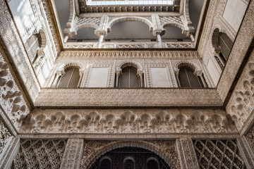 Interior walls decorated with engravings in arabic cloths de sebka style, Seville SPAIN