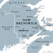 New Brunswick, Maritime and Atlantic province of Canada, gray political map. Bordered to Quebec, Nova Scotia, Gulf of St. Lawrence, Bay of Fundy and US state Maine, with capital Fredericton. Vector.