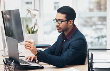 Poster - Laptop, administration and business man focus on finance spreadsheet, bank software or financial accounting. Bookkeeping account data, office gesture and consultant problem solving payroll system