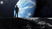 Man Standing On The Surface Of The Moon Looking At The Earth,person Looking At The Earth From The Space