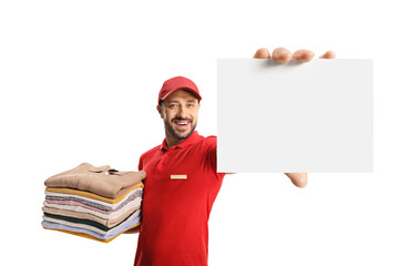 Sticker - Laundry worker holding a pile of folded clothes and showing a blank card