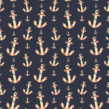 Wooden, Striped Anchors With A Rope On A Dark Blue Background. Watercolor Illustration. Seamless Pattern From SEA FISHING Collection. For Fabric, Wallpapers, Textiles, Prints.