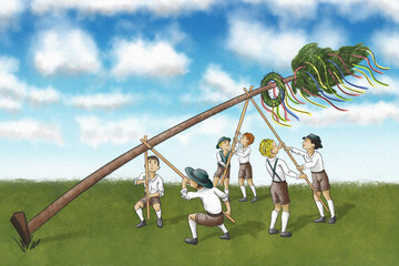 illustration of a maypole being set up by strong men