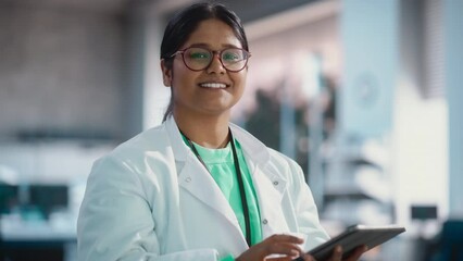 Aufkleber - Portrait of Indian Young Female Scientist Using Digital Tablet Computer, Looking at Camera and Smiling in a Laboratory. Confident Professional Woman Working as Engineer, Monitoring Technology Projects