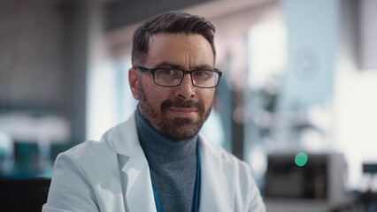 Aufkleber - Portrait of Handsome Man Wearing Glasses and a Lab Coat Looking at the Camera. Senior Engineer Pursuing Scientific Career. Professional and Successful Laboratory Expert Posing with Confidence