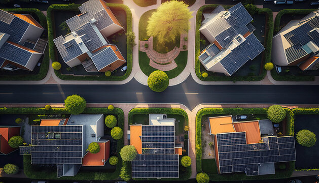a row of houses with solar panels on the roof. clean energy. generative ai