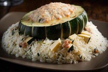 Poster - cooked rice and cheese atop a layer of stuffed zucchini. Generative AI