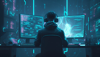 Wall Mural - male metaverse worker browsing the internet network in his workspace facing a virtual environment wi