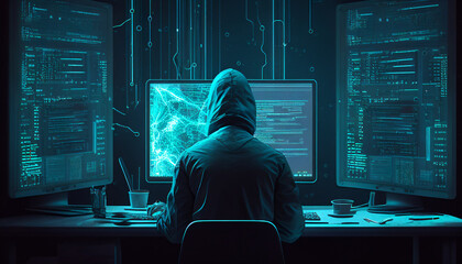 Wall Mural - male metaverse worker browsing the internet network in his workspace facing a virtual environment wi