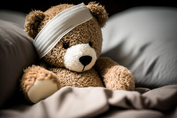 A sick teddy bear with a bandage on his head lies in bed with a fever and a headache. Generative ai