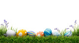 Fototapeta  - A collection of painted easter eggs celebrating a Happy Easter template with green grass and transparent background.