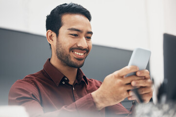 Sticker - Phone, smile and businessman texting a social media message in an office online, internet or web laughing at meme. Funny, searching and corporate employee browsing website or mobile app on smartphone