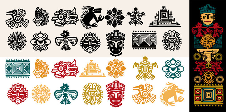 set of mexican gods symbols. black and colored abstract aztec animal bird totem idols, ancient inca 