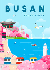 Busan South Korea Poster vector illustration. Beautiful Busan in spring landscape. Cherry Blossom festival