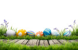 Fototapeta  - A collection of painted easter eggs celebrating a Happy Easter template with a wooden bench to place products with green grass and transparent background