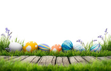 A Collection Of Painted Easter Eggs Celebrating A Happy Easter Template With A Wooden Bench To Place Products With Green Grass And Transparent Background